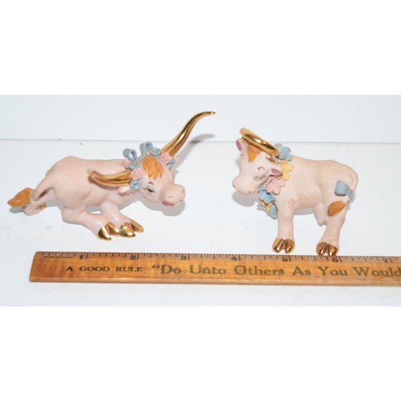 Vtg Pink Longhorn Bull Figurine Bow Flowers Walker Renaker Holy Cow Lot Flaws - Picture 2 of 11